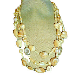 Lucas Lameth LUC 3 Strand Mother Pearl Shell Carved Necklace Sterling Silver 16"